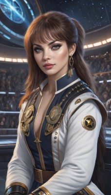 1girl,solo,long hair,breasts,looking at viewer,bangs,brown hair,gloves,long sleeves,cleavage,brown eyes,jewelry,medium breasts,closed mouth,jacket,upper body,earrings,open clothes,solo focus,black gloves,belt,indoors,lips,eyelashes,makeup,white jacket,lipstick,tassel,buckle,half updo,gold trim,realistic,nose,red lips,eyeliner,badge,blush,sky,uniform,open jacket,night,star (sky),science fiction,emblem,crowd,insignia