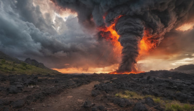 outdoors, sky, cloud, no humans, cloudy sky, fire, scenery, smoke, monster, mountain, molten rock