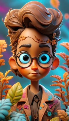 1girl,solo,looking at viewer,short hair,blue eyes,brown hair,shirt,hair ornament,1boy,closed mouth,jacket,upper body,flower,male focus,necktie,glasses,collared shirt,artist name,hair flower,dark skin,blurry,dark-skinned female,black shirt,leaf,blue background,thick eyebrows,plant,child,portrait,black necktie,androgynous,freckles,black-framed eyewear,yellow flower,round eyewear,male child,parted lips,lips,depth of field,blurry background,backlighting,brown jacket,badge,button badge