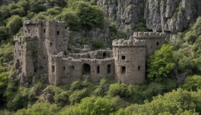 outdoors,day,tree,no humans,building,nature,scenery,forest,ruins,landscape,moss,overgrown,rock,fantasy