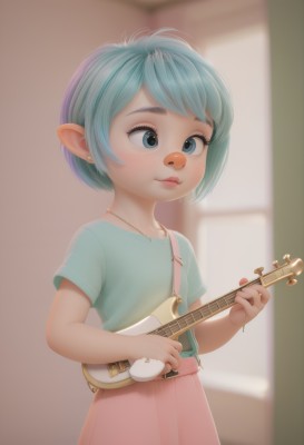 1girl,solo,blush,smile,short hair,bangs,blue eyes,skirt,shirt,holding,jewelry,closed mouth,blue hair,standing,short sleeves,earrings,pointy ears,indoors,necklace,blurry,flat chest,bracelet,lips,eyelashes,aqua hair,depth of field,blurry background,blue shirt,instrument,child,pink skirt,freckles,green shirt,music,guitar,female child,playing instrument,holding instrument,aqua shirt,upper body,artist name,t-shirt,nose