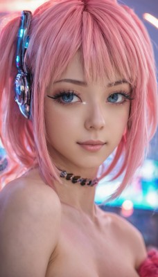 1girl,solo,breasts,looking at viewer,smile,short hair,bangs,blue eyes,cleavage,bare shoulders,twintails,medium breasts,closed mouth,upper body,pink hair,nude,choker,blurry,lips,eyelashes,depth of field,blurry background,headphones,portrait,realistic,nose,long hair,makeup,close-up