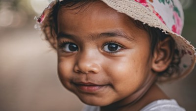 1girl,solo,looking at viewer,short hair,brown hair,black hair,hat,jewelry,closed mouth,white shirt,blurry,black eyes,lips,depth of field,blurry background,child,portrait,close-up,sun hat,realistic,nose,straw hat,female child,old woman,smile,brown eyes