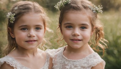 long hair,looking at viewer,smile,open mouth,blue eyes,multiple girls,blonde hair,brown hair,hair ornament,dress,2girls,upper body,flower,parted lips,teeth,hair flower,white dress,mole,blurry,lips,grey eyes,depth of field,blurry background,siblings,sisters,child,portrait,twins,realistic,female child,head wreath