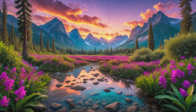 flower, outdoors, sky, cloud, water, tree, no humans, cloudy sky, grass, plant, nature, scenery, forest, sunset, rock, mountain, purple flower, river, landscape, mountainous horizon, path