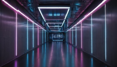 indoors,no humans,window,night,building,scenery,reflection,science fiction,light,skyscraper,city lights,hallway,lights,neon lights,english text,glowing,from above,realistic,cable,laser,hologram