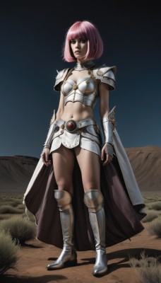 1girl,solo,breasts,short hair,skirt,navel,cleavage,medium breasts,standing,full body,pink hair,boots,midriff,cape,armor,lips,knee boots,shoulder armor,pauldrons,breastplate,realistic,vambraces,bikini armor,shoulder pads,brown eyes,weapon,greaves