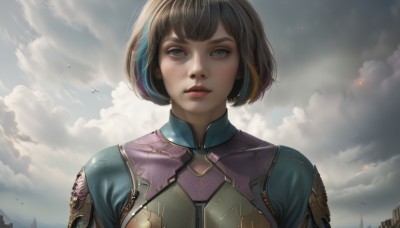 1girl,solo,short hair,bangs,simple background,brown hair,black hair,green eyes,upper body,multicolored hair,outdoors,parted lips,sky,artist name,cloud,armor,two-tone hair,lips,bodysuit,makeup,bob cut,cloudy sky,looking up,portrait,scenery,freckles,science fiction,realistic,nose,looking at viewer,day,bird,thick eyebrows