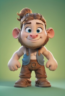 solo,looking at viewer,smile,bangs,blue eyes,simple background,brown hair,shirt,1boy,animal ears,closed mouth,standing,full body,ponytail,male focus,boots,open clothes,shoes,sleeveless,belt,pants,artist name,vest,gradient,gradient background,facial hair,brown footwear,thick eyebrows,suspenders,beard,furry,clenched hands,freckles,green background,mouse ears,arms at sides,brown belt,overalls,furry male,blue vest,brown pants,straight-on,brown shorts,open vest,hair ornament,jacket,blurry,blurry background,watermark,topless male,buck teeth