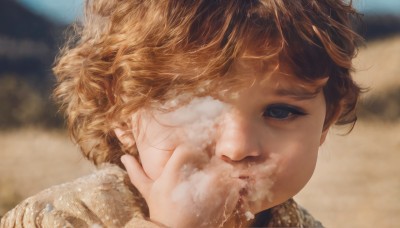 1girl,solo,looking at viewer,short hair,blue eyes,blonde hair,brown hair,outdoors,hand up,blurry,lips,eyelashes,depth of field,blurry background,messy hair,portrait,close-up,realistic,bangs,1boy,male focus,fur trim,wind