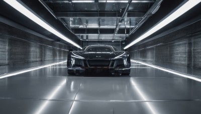 indoors,no humans,window,ground vehicle,scenery,motor vehicle,reflection,tiles,car,light,vehicle focus,ceiling,ceiling light,sports car,seat,shadow,science fiction,tile floor,reflective floor