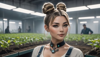 1girl,looking at viewer,short hair,brown hair,shirt,brown eyes,jewelry,collarbone,white shirt,earrings,multiple boys,solo focus,choker,indoors,dark skin,necklace,hair bun,blurry,dark-skinned female,lips,double bun,blurry background,suspenders,plant,portrait,realistic,nose,hair behind ear,overalls,solo,bangs,flower,collar,parted bangs,black choker,piercing