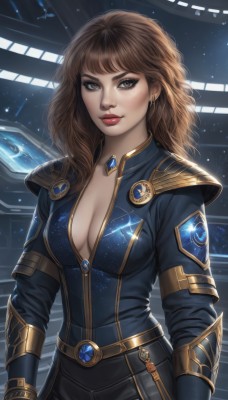 1girl,solo,long hair,breasts,looking at viewer,bangs,brown hair,long sleeves,cleavage,brown eyes,jewelry,medium breasts,upper body,earrings,parted lips,belt,artist name,medium hair,armor,lips,bodysuit,makeup,lipstick,gem,realistic,nose,red lips,eyeliner,space,planet,constellation,star (sky),science fiction,spacecraft