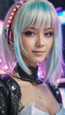 1girl,solo,breasts,looking at viewer,smile,short hair,bangs,blue eyes,cleavage,jewelry,medium breasts,closed mouth,blue hair,jacket,upper body,pink hair,white hair,multicolored hair,hairband,earrings,choker,medium hair,necklace,blurry,two-tone hair,open jacket,lips,black jacket,eyelashes,aqua hair,makeup,detached collar,piercing,portrait,eyeshadow,realistic,nose,mascara,collarbone,streaked hair,blurry background,headphones,science fiction,cyberpunk