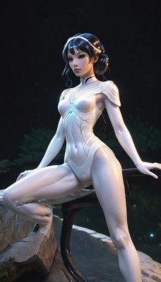 1girl,solo,long hair,breasts,looking at viewer,bangs,black hair,hair ornament,brown eyes,medium breasts,standing,outdoors,parted lips,shiny,hair bun,black eyes,covered nipples,lips,bodysuit,covered navel,makeup,cameltoe,arm support,lipstick,skin tight,science fiction,shiny clothes,nose,red lips,white bodysuit,brown hair,small breasts,teeth,realistic