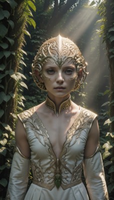 1girl,solo,breasts,looking at viewer,short hair,dress,cleavage,jewelry,closed mouth,upper body,small breasts,outdoors,detached sleeves,white dress,tree,lips,grey eyes,leaf,sunlight,helmet,plant,nature,forest,light rays,realistic,headpiece,nose,sunbeam,dappled sunlight,blonde hair,black eyes