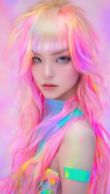 1girl,solo,long hair,looking at viewer,bangs,blue eyes,bare shoulders,closed mouth,upper body,pink hair,multicolored hair,sleeveless,artist name,blunt bangs,lips,grey eyes,eyelashes,tattoo,makeup,watermark,wavy hair,web address,pink lips,realistic,nose,eyeliner,colorful,rainbow hair,blonde hair,gradient hair,pink background