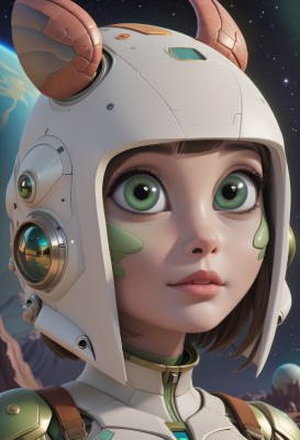 1girl,solo,short hair,brown hair,closed mouth,green eyes,horns,sky,lips,eyelashes,bodysuit,helmet,portrait,star (sky),freckles,science fiction,nose,space,planet,spacesuit,space helmet,looking at viewer,bangs,web address,close-up,zipper,realistic,astronaut