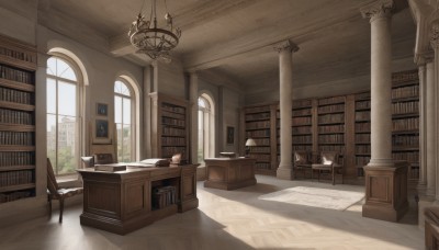 day,indoors,tree,book,no humans,window,shadow,chair,table,sunlight,plant,scenery,desk,stairs,door,bookshelf,lamp,candle,pillar,book stack,library,ceiling,ladder,carpet,quill,candlestand,chandelier,cup,teacup,column