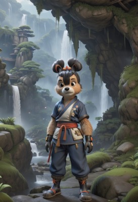 solo,looking at viewer,black hair,gloves,1boy,animal ears,standing,full body,short sleeves,male focus,outdoors,japanese clothes,day,black gloves,pants,kimono,water,hair bun,black eyes,sash,sandals,furry,rock,furry male,topknot,waterfall,brown fur,moss,tree,leaf,grass,furry female,raccoon ears