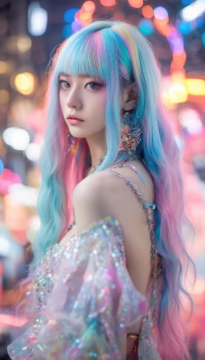 1girl,solo,long hair,breasts,looking at viewer,bangs,blue eyes,dress,bare shoulders,jewelry,blue hair,upper body,pink hair,multicolored hair,earrings,parted lips,blunt bangs,necklace,blurry,from side,two-tone hair,lips,streaked hair,see-through,aqua hair,makeup,depth of field,blurry background,wavy hair,ring,gem,eyeshadow,realistic,nose,bokeh,pearl necklace,very long hair,closed mouth,artist name,signature,looking to the side,grey eyes,eyelashes,watermark,expressionless,lipstick,web address,pink lips,backless outfit,mascara