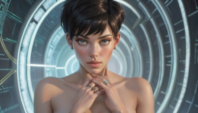 1girl,solo,looking at viewer,blush,short hair,bangs,blue eyes,brown hair,black hair,bare shoulders,brown eyes,jewelry,closed mouth,collarbone,upper body,nude,earrings,lips,ring,freckles,realistic,nose,green eyes,nail polish,fingernails,hands up,completely nude,eyelashes,makeup,swept bangs,piercing,portrait,science fiction,pink lips