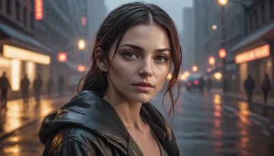 1girl,solo,long hair,looking at viewer,brown hair,black hair,brown eyes,closed mouth,jacket,upper body,outdoors,solo focus,hood,mole,blurry,lips,black jacket,wet,mole under eye,depth of field,blurry background,hood down,building,portrait,forehead,freckles,rain,city,realistic,nose,road,leather,street,crowd,leather jacket,people,parted lips,parted bangs,night