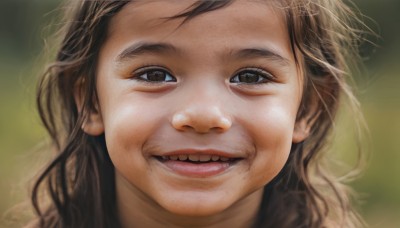 1girl,solo,long hair,looking at viewer,smile,open mouth,brown hair,brown eyes,:d,teeth,blurry,black eyes,lips,depth of field,blurry background,portrait,close-up,realistic,blonde hair,male focus,signature,grin,eyelashes,parody,nose