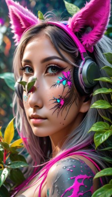 1girl,solo,long hair,looking at viewer,brown hair,animal ears,brown eyes,closed mouth,upper body,grey hair,multicolored hair,hairband,artist name,cat ears,mole,blurry,from side,lips,eyelashes,tattoo,makeup,blurry background,fake animal ears,headphones,leaf,facial mark,plant,lipstick,portrait,eyeshadow,pink lips,realistic,nose,facepaint,mascara,animal ear headphones,cat ear headphones,breasts,black hair,bra,rabbit ears,depth of field,bug,butterfly,eyeliner