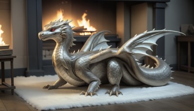 HQ,solo,red eyes,closed mouth,tail,full body,wings,horns,indoors,from side,pokemon (creature),no humans,chair,table,fire,claws,colored sclera,wooden floor,realistic,dragon,black sclera,scales,animal focus,carpet,rug,breathing fire,fireplace