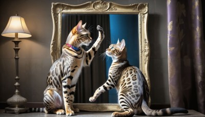 HQ,blue eyes,jewelry,closed mouth,closed eyes,indoors,necklace,looking at another,no humans,window,animal,cat,curtains,reflection,mirror,lamp,animal focus,collar,from side,realistic,painting (object)