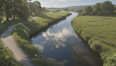 outdoors,sky,day,cloud,water,tree,blue sky,no humans,cloudy sky,grass,plant,nature,scenery,forest,reflection,road,bush,river,landscape,lake,reflective water,path