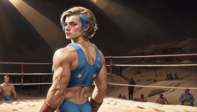 1girl,breasts,blush,short hair,blonde hair,brown hair,brown eyes,blue hair,ass,multicolored hair,multiple boys,shorts,solo focus,looking back,from behind,star (symbol),two-tone hair,lips,streaked hair,muscular,back,tank top,muscular male,6+boys,veins,sports bra,realistic,nose,muscular female,biceps,crowd,wrestling ring,teeth,crop top,very short hair,dirty,stadium