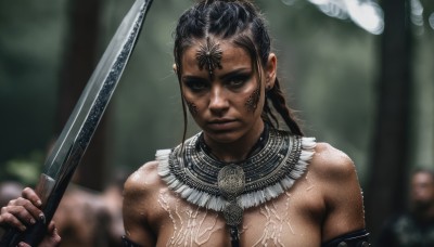 1girl,solo,breasts,looking at viewer,large breasts,black hair,holding,brown eyes,jewelry,upper body,weapon,braid,earrings,solo focus,sword,dark skin,necklace,holding weapon,blurry,black eyes,dark-skinned female,lips,blurry background,holding sword,realistic,multiple boys,tattoo