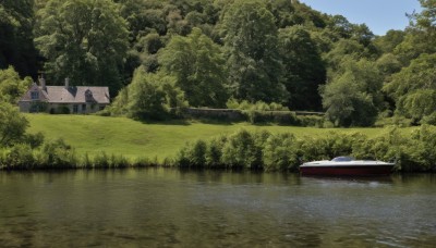 outdoors,sky,day,water,tree,blue sky,no humans,grass,nature,scenery,forest,reflection,watercraft,river,boat,building,bush,house,lake