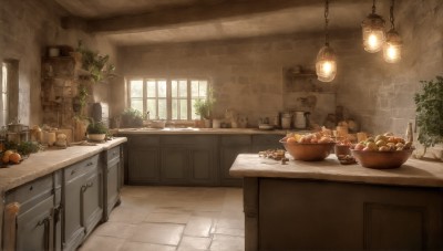 HQ,food,day,indoors,no humans,window,fruit,table,sunlight,bottle,plant,scenery,plate,bowl,door,basket,tiles,potted plant,lamp,tile floor,bread,shelf,kitchen,jar,sink,counter,ceiling light,faucet,cabinet,stove,cutting board,box,light,wall,tile wall,spatula