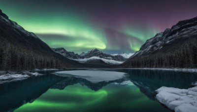 outdoors,sky,water,blurry,tree,no humans,night,star (sky),nature,night sky,scenery,snow,starry sky,reflection,mountain,river,landscape,lake,cliff,aurora,signature,grass,rock