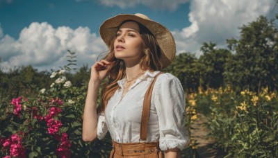 1girl,solo,long hair,breasts,skirt,brown hair,shirt,hat,jewelry,white shirt,upper body,flower,short sleeves,earrings,outdoors,parted lips,sky,day,collared shirt,cloud,hand up,signature,necklace,blurry,tree,blue sky,lips,blurry background,looking away,suspenders,cloudy sky,nature,red nails,sun hat,brown skirt,realistic,brown headwear,straw hat,brown eyes,phone,looking up,blouse,sleeves rolled up,bush