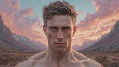 solo,looking at viewer,short hair,blue eyes,brown hair,1boy,closed mouth,collarbone,male focus,outdoors,sky,artist name,cloud,signature,cloudy sky,portrait,topless male,mountain,realistic,lightning,blonde hair,upper body,day,muscular,scenery,sunset