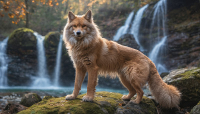 standing, outdoors, day, water, blurry, tree, no humans, depth of field, blurry background, animal, nature, rock, realistic, animal focus, waterfall