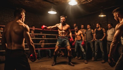 short hair,brown hair,black hair,gloves,male focus,boots,multiple boys,shorts,belt,pants,indoors,fingerless gloves,mask,muscular,facial hair,abs,tank top,muscular male,beard,red gloves,6+boys,topless male,bald,manly,fat,boxing gloves,wrestling ring,open mouth,shirt,hat,shoes,sleeveless,blood,black shorts,pectorals,realistic,mustache,light