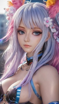 1girl,solo,long hair,breasts,looking at viewer,bangs,blue eyes,hair ornament,cleavage,bare shoulders,jewelry,medium breasts,closed mouth,swimsuit,upper body,flower,white hair,sidelocks,bikini,multicolored hair,choker,artist name,hair flower,necklace,blurry,lips,eyelashes,gradient hair,makeup,blurry background,black bikini,armlet,eyeshadow,pink lips,realistic,nose,mascara,large breasts,blue hair,pink hair,detached collar,feathers,close-up,feather hair ornament