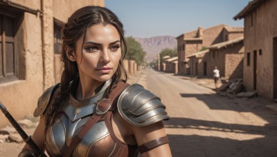 1girl,long hair,breasts,brown hair,black hair,brown eyes,upper body,weapon,braid,outdoors,sky,solo focus,day,sword,armor,blurry,blue sky,lips,looking to the side,blurry background,shadow,shoulder armor,building,pauldrons,breastplate,realistic,nose,road,house,solo,multiple girls,2girls,medium breasts,twin braids,shoulder pads