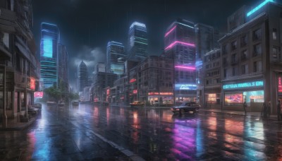 outdoors,sky,cloud,water,tree,no humans,night,cloudy sky,ground vehicle,building,night sky,scenery,motor vehicle,reflection,rain,city,sign,car,road,cityscape,lamppost,street,skyscraper,puddle,city lights,neon lights,science fiction,dark,crosswalk