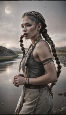 1girl,solo,long hair,breasts,looking at viewer,open mouth,blue eyes,brown hair,shirt,black hair,bare shoulders,jewelry,very long hair,braid,multicolored hair,cowboy shot,earrings,outdoors,sleeveless,tongue,belt,pants,artist name,tongue out,water,necklace,nail polish,blurry,twin braids,bracelet,from side,lips,fingernails,depth of field,blurry background,watermark,piercing,moon,ring,own hands together,tank top,letterboxed,black nails,web address,armlet,freckles,realistic,nose,lake,multiple braids,teeth,chain,ear piercing,grey pants,dirty,nose piercing,lip piercing,eyebrow piercing