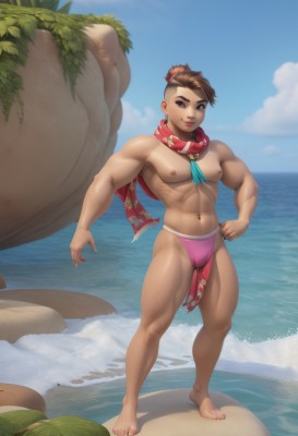 solo,looking at viewer,smile,short hair,brown hair,1boy,navel,brown eyes,jewelry,underwear,nipples,standing,full body,male focus,thighs,outdoors,sky,barefoot,day,cloud,water,stomach,scarf,blue sky,lips,hand on hip,muscular,ocean,beach,thick thighs,abs,thick eyebrows,pectorals,muscular male,bara,pelvic curtain,large pectorals,bulge,topless male,rock,sand,cliff,swim briefs,1girl,breasts,hair ornament,earrings,small breasts,shiny,dark skin,feet,toes,toenails,red scarf,undercut,loincloth,biceps,flaccid