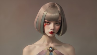 1girl,solo,looking at viewer,short hair,bangs,simple background,brown hair,bare shoulders,brown eyes,jewelry,closed mouth,collarbone,yellow eyes,upper body,multicolored hair,parted lips,blunt bangs,grey background,lips,blood,makeup,bob cut,lipstick,gem,portrait,brown background,red lips,facepaint,blonde hair,green hair,facial mark,realistic,nose