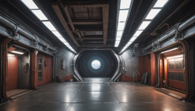 indoors,no humans,window,sunlight,scenery,science fiction,door,tiles,light,cable,tile floor,industrial pipe,wooden floor,realistic,ceiling,hallway,ceiling light,reflective floor