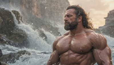 solo,long hair,black hair,1boy,closed mouth,nipples,upper body,male focus,nude,outdoors,dark skin,water,wet,muscular,facial hair,scar,abs,dark-skinned male,thick eyebrows,pectorals,muscular male,bara,beard,scar on face,partially submerged,large pectorals,veins,topless male,rock,mature male,realistic,mustache,manly,splashing,hair slicked back,chest hair,waves,short hair,brown hair,closed eyes,ocean,wind,snow,mountain,wet hair