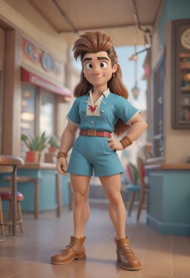 1girl,solo,long hair,looking at viewer,smile,brown hair,shirt,brown eyes,jewelry,closed mouth,standing,full body,short sleeves,earrings,shoes,shorts,collared shirt,belt,artist name,indoors,blurry,black eyes,flat chest,bracelet,hand on hip,buttons,blurry background,chair,brown footwear,table,thick eyebrows,blue shirt,wristband,child,buckle,blue shorts,belt buckle,female child,potted plant,stool,dress,depth of field,plant,shop